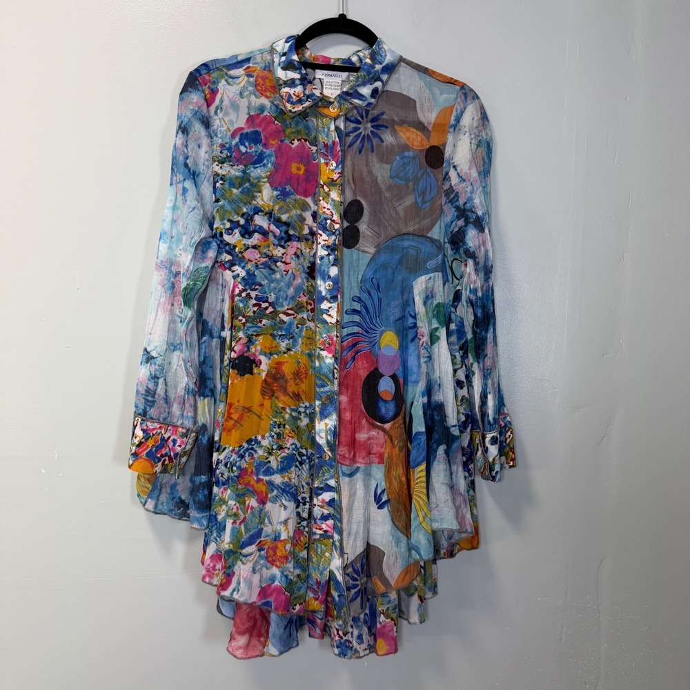 Feratelli Vintage Abstract Floral Button Down Flowy Tunic Shirt Large Boho Artsy